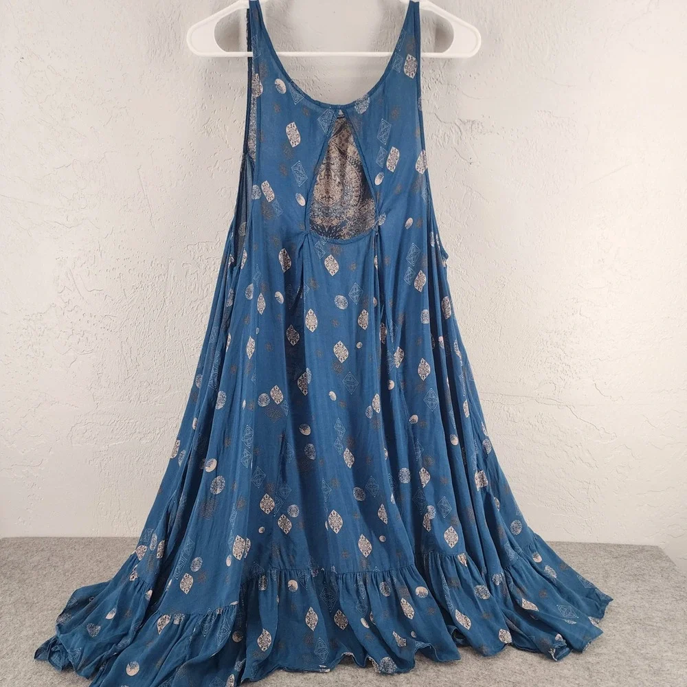 Intimately Free People Blue Printed Sleeveless Trapeze Mini Dress Boho Large